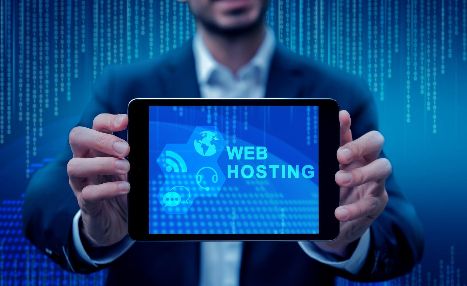 website hosting concept with man holding tablet front view